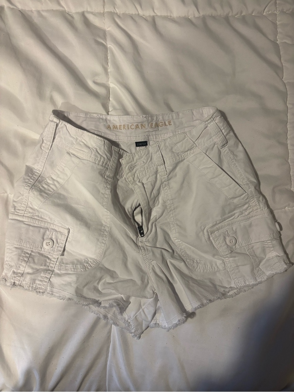 American Eagle White Cargo Cutoff Shorts with Button Pockets